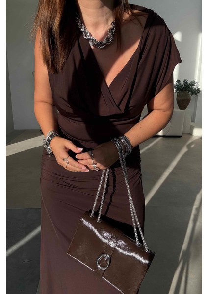 Kahverengi Degaje Yaka Elbise