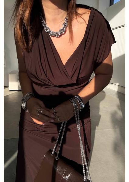 Kahverengi Degaje Yaka Elbise