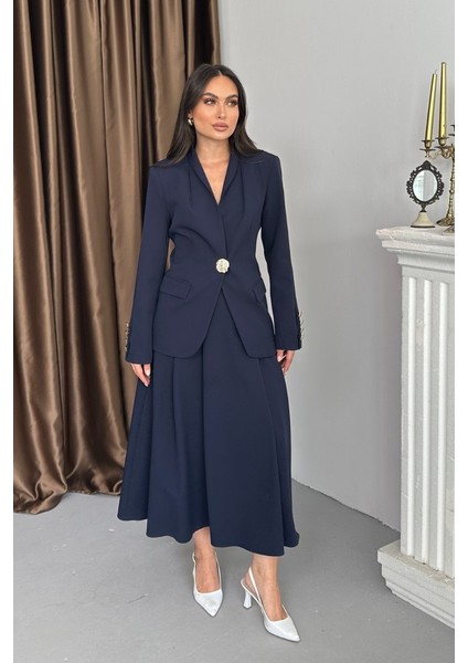 Kadın Ikili Takım Şık Düğme Detaylı Dik Yaka Blazer Ceket Uzun Etek Takım modelleri