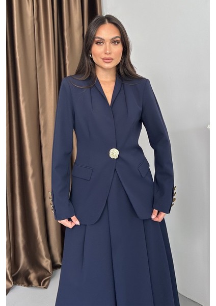 Kadın Ikili Takım Şık Düğme Detaylı Dik Yaka Blazer Ceket Uzun Etek Takım fırsatları