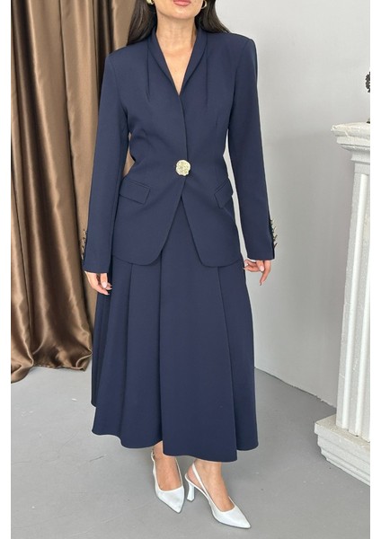 Kadın Ikili Takım Şık Düğme Detaylı Dik Yaka Blazer Ceket Uzun Etek Takım indirimleri