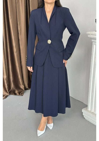 Kadın Ikili Takım Şık Düğme Detaylı Dik Yaka Blazer Ceket Uzun Etek Takım