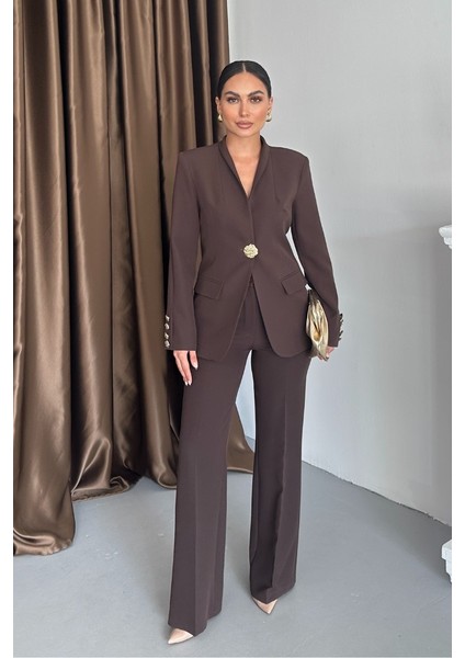 Kadın Ikili Takım Şık Düğme Detaylı Dik Yaka Blazer Ceket Bol Paça Pantolon Takım