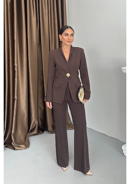 Kadın Ikili Takım Şık Düğme Detaylı Dik Yaka Blazer Ceket Bol Paça Pantolon Takım fiyatları