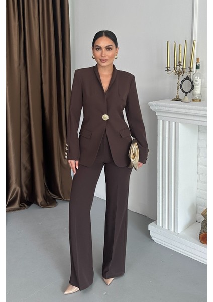 Kadın Ikili Takım Şık Düğme Detaylı Dik Yaka Blazer Ceket Bol Paça Pantolon Takım modelleri