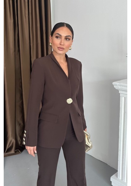 Kadın Ikili Takım Şık Düğme Detaylı Dik Yaka Blazer Ceket Bol Paça Pantolon Takım fırsatları