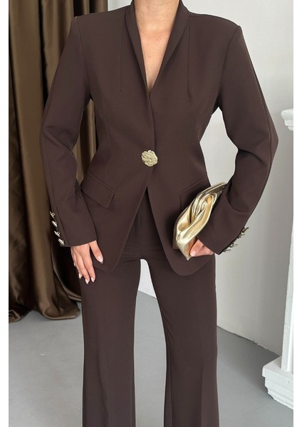 Kadın Ikili Takım Şık Düğme Detaylı Dik Yaka Blazer Ceket Bol Paça Pantolon Takım