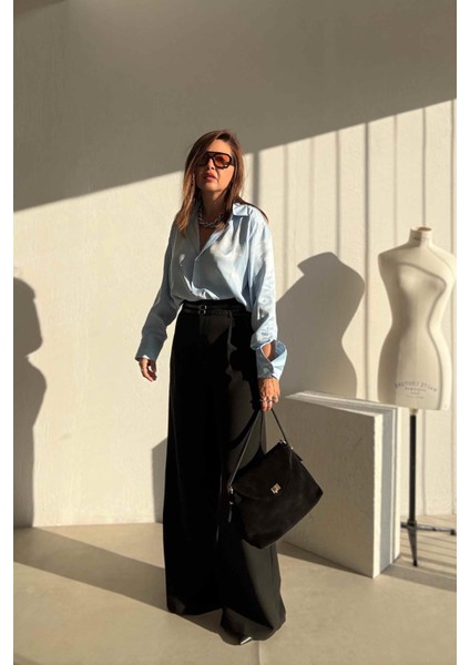 Siyah Bol Paça Kumaş Pantolon