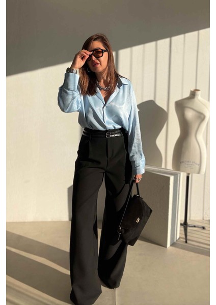 Siyah Bol Paça Kumaş Pantolon