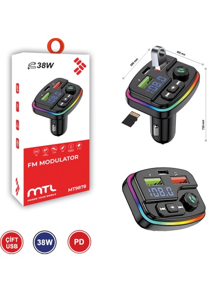 38W Pd ve Qc Destekli Type-C Çıkışlı Bluetooth Fm Modülatör, Rgb Işıklı Hızlı Araç Şarj Cihazı