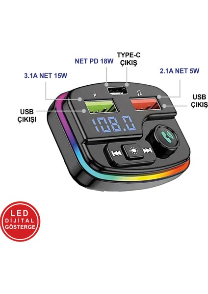 38W Pd ve Qc Destekli Type-C Çıkışlı Bluetooth Fm Modülatör, Rgb Işıklı Hızlı Araç Şarj Cihazı modelleri