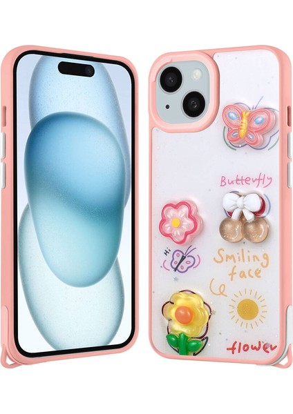 Apple iPhone 15 Plus Kılıf Parlayan Sıvılı Simli Kabartma Figürlü Inc Cevze Kapak-Pembe
