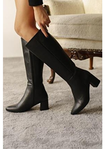 Kadın Uzun Çizme Suni Deri Siyah 6 cm Blok Topuk Fermuarlı Şık Tasarım indirimleri