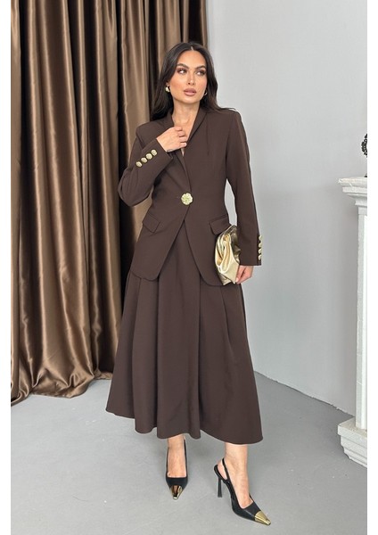 Kadın Ikili Takım Şık Düğme Detaylı Dik Yaka Blazer Ceket Uzun Etek Takım