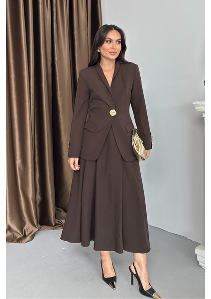 Kadın Ikili Takım Şık Düğme Detaylı Dik Yaka Blazer Ceket Uzun Etek Takım fiyatları