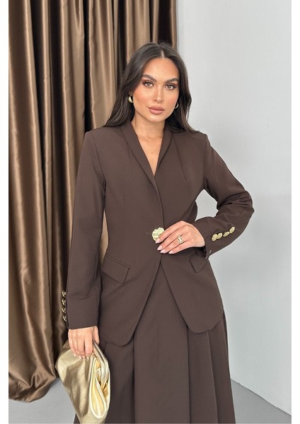 Kadın Ikili Takım Şık Düğme Detaylı Dik Yaka Blazer Ceket Uzun Etek Takım modelleri