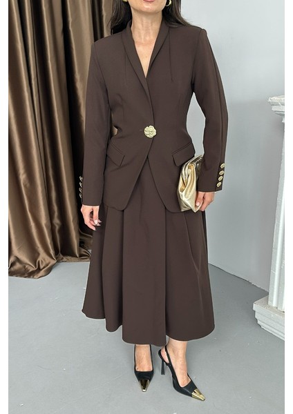 Kadın Ikili Takım Şık Düğme Detaylı Dik Yaka Blazer Ceket Uzun Etek Takım indirimleri