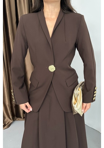 Kadın Ikili Takım Şık Düğme Detaylı Dik Yaka Blazer Ceket Uzun Etek Takım