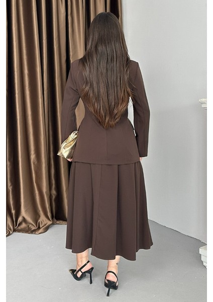 Kadın Ikili Takım Şık Düğme Detaylı Dik Yaka Blazer Ceket Uzun Etek Takım