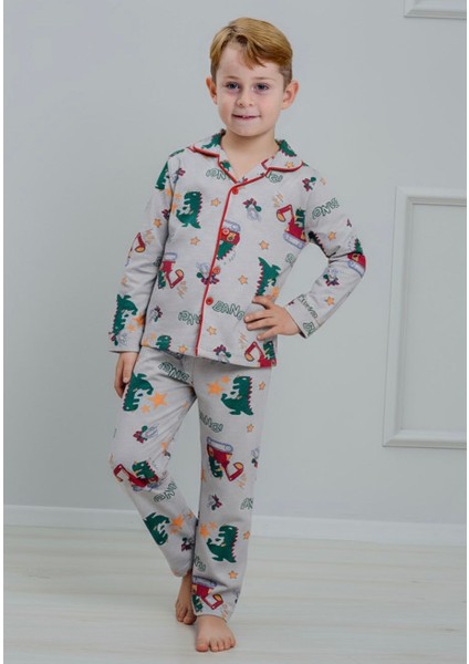 Erkek Çocuk Dinazor Desenli Düğmeli Alt Üst Pijama Takımı