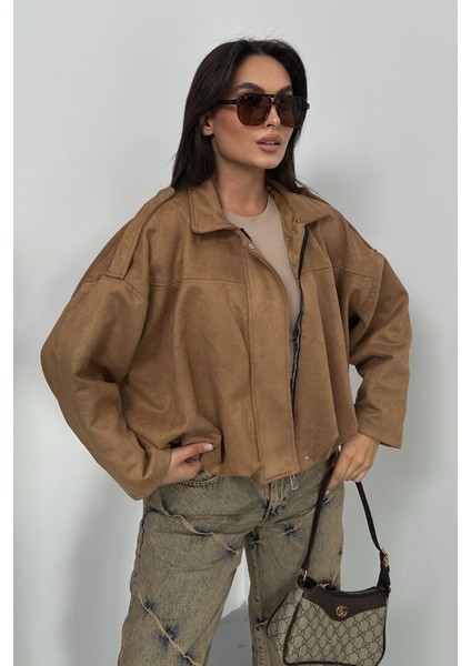 Kadın Mont Kısa Oversize Süet Fermuarlı Gömlek Yaka Düşük Omuz Ceket