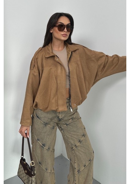 Kadın Mont Kısa Oversize Süet Fermuarlı Gömlek Yaka Düşük Omuz Ceket fiyatları