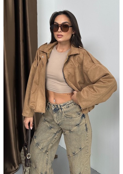 Kadın Mont Kısa Oversize Süet Fermuarlı Gömlek Yaka Düşük Omuz Ceket modelleri