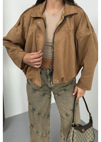 Kadın Mont Kısa Oversize Süet Fermuarlı Gömlek Yaka Düşük Omuz Ceket fırsatları