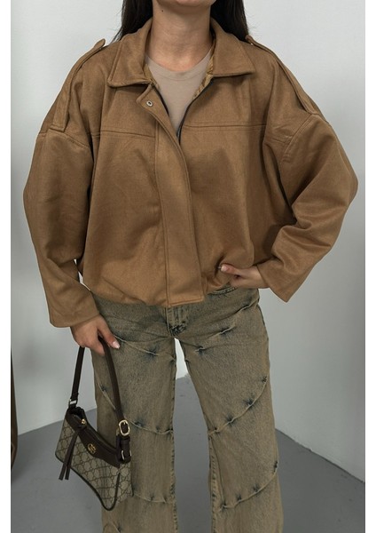 Kadın Mont Kısa Oversize Süet Fermuarlı Gömlek Yaka Düşük Omuz Ceket indirimleri