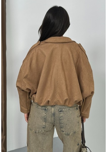 Kadın Mont Kısa Oversize Süet Fermuarlı Gömlek Yaka Düşük Omuz Ceket