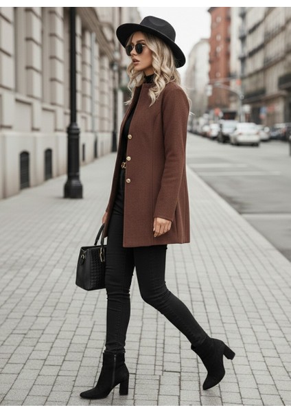 Şık Kahverengi Tasarım Yaka Kaşe Kaban fiyatları