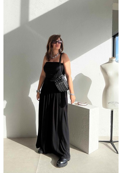 Siyah Drapeli Straplez Elbise