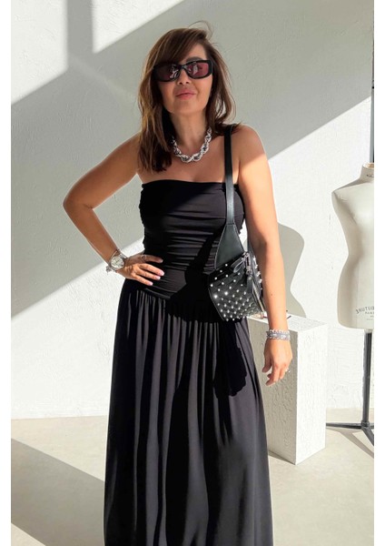 Siyah Drapeli Straplez Elbise fırsatları