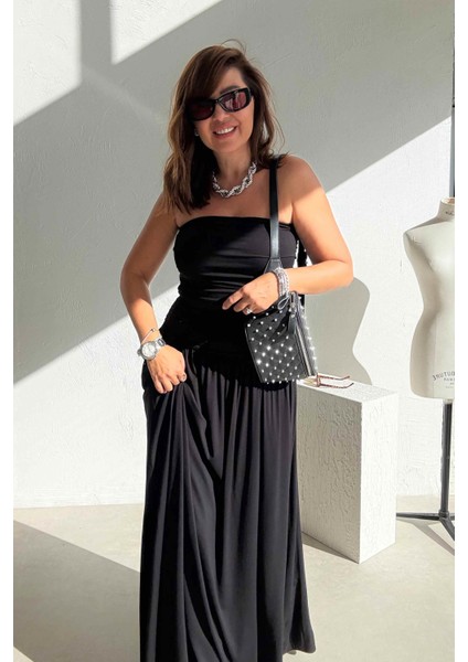 Siyah Drapeli Straplez Elbise indirimleri