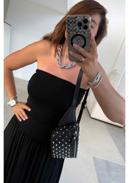 Siyah Drapeli Straplez Elbise