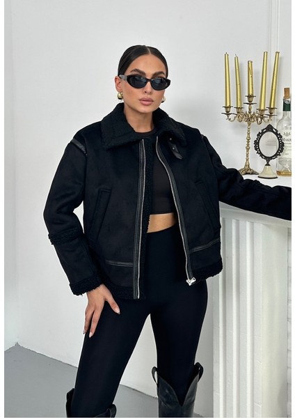 Kadın Süet Mont Içi Kürklü Fermuarlı Cepli Yaka ve Kol Detaylı Premium Regular Ceket