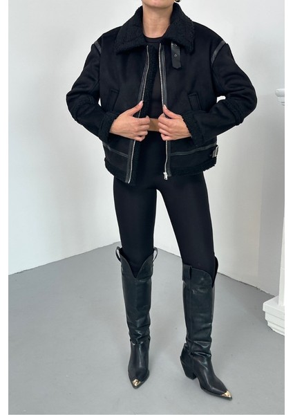 Kadın Süet Mont Içi Kürklü Fermuarlı Cepli Yaka ve Kol Detaylı Premium Regular Ceket