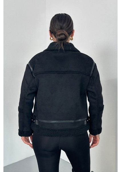 Kadın Süet Mont Içi Kürklü Fermuarlı Cepli Yaka ve Kol Detaylı Premium Regular Ceket