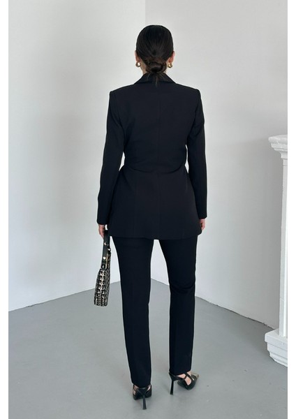 Kadın Ikili Alt Üst Takım Şık Kuşaklı Drapeli Broş Detaylı Blazer Ceket Boru Paça Pantolon Takım