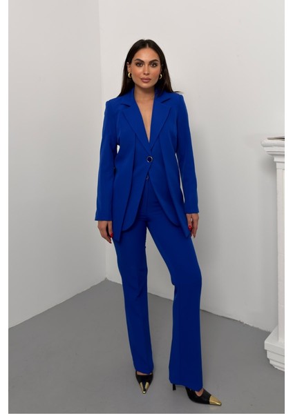 Kadın Ikili Alt Üst Takım Şık Çift Katlı Düğmeli Blazer Ceket Bol Paça Pantolon Takım