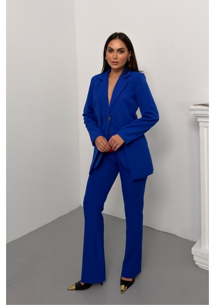 Kadın Ikili Alt Üst Takım Şık Çift Katlı Düğmeli Blazer Ceket Bol Paça Pantolon Takım fiyatları