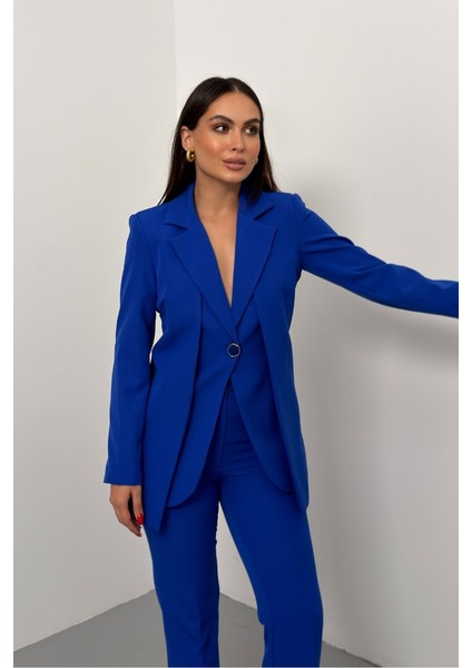 Kadın Ikili Alt Üst Takım Şık Çift Katlı Düğmeli Blazer Ceket Bol Paça Pantolon Takım modelleri