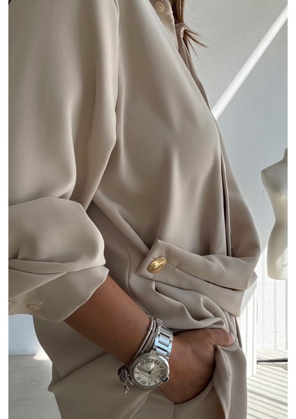 Taş Rengi Asimetrik Gömlek Pantolon Takım