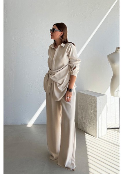 Taş Rengi Asimetrik Gömlek Pantolon Takım fiyatları