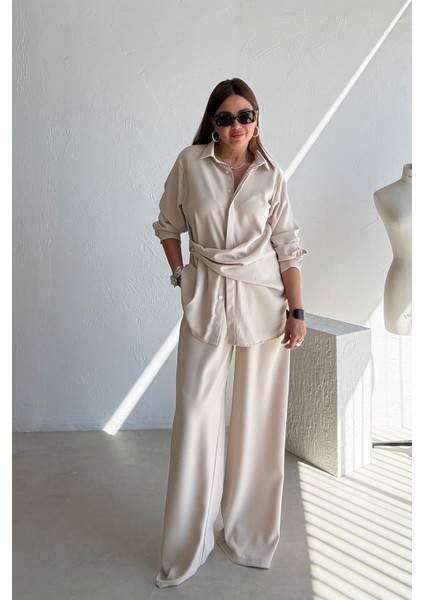 Taş Rengi Asimetrik Gömlek Pantolon Takım modelleri