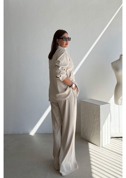 Taş Rengi Asimetrik Gömlek Pantolon Takım fırsatları