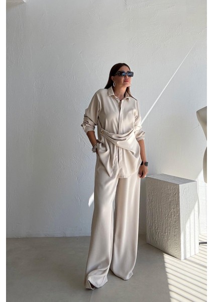 Taş Rengi Asimetrik Gömlek Pantolon Takım indirimleri