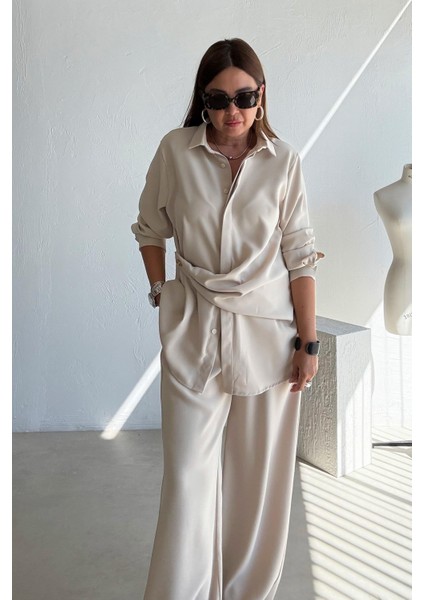 Taş Rengi Asimetrik Gömlek Pantolon Takım
