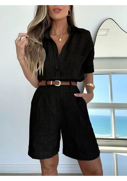 Keten Yazlık Uzun Kol Gömlek Şort Ikili Siyah Takım fiyatları