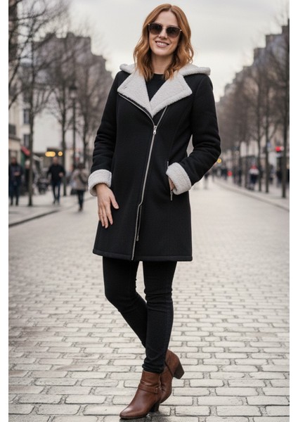 Günlük Kadın Siyah Kaşe Kışlık Kaban fırsatları